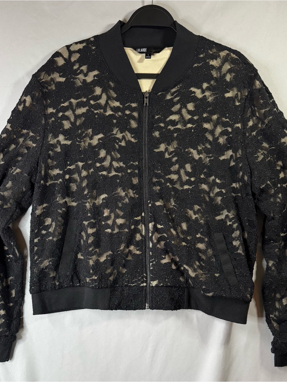 Lularoe Elegant Black Glitter Lace Bomber Jacket, L